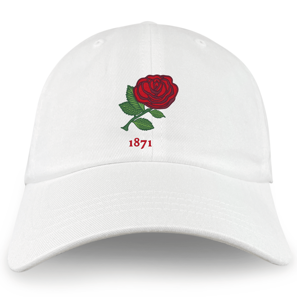 White Nations of Rugby England Vintage Dad Cap with embroidered vintage design featuring a red rose and the year 1871 by EMB Alpha Broder.