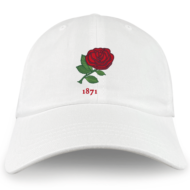 White Nations of Rugby England Vintage Dad Cap with embroidered vintage design featuring a red rose and the year 1871 by EMB Alpha Broder.