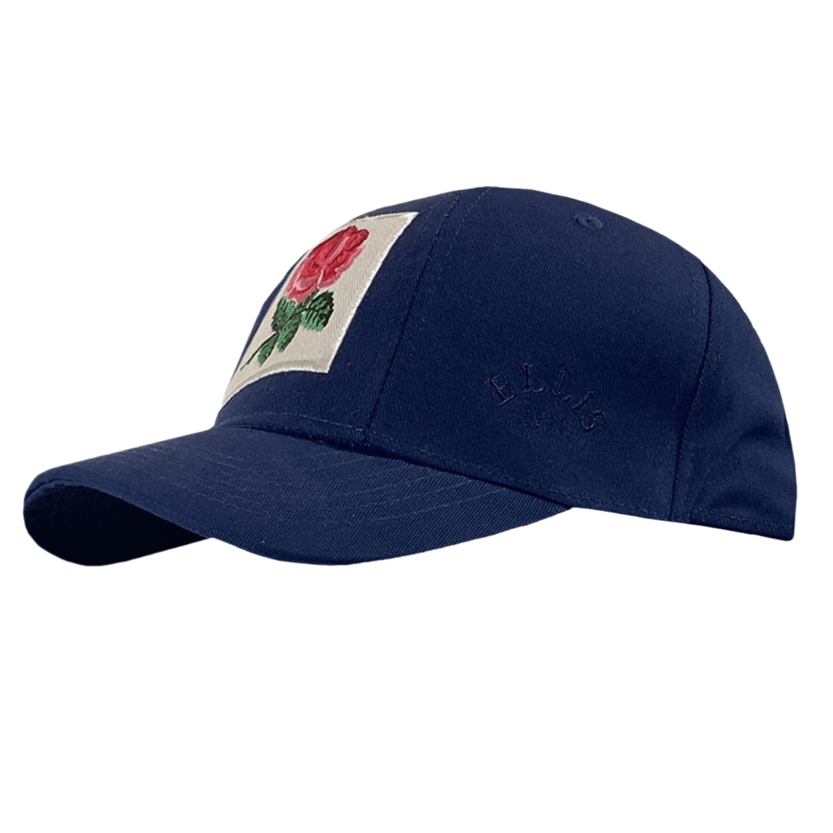 The Ellis Rugby England Rugby 1991 Six Nations Cap in navy blue, made from organic cotton, displays a red rose patch on the front. The side subtly features "ETLIS," evoking a nostalgic style reminiscent of England Rugby 1991.