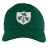 The Ellis Rugby Ireland Rugby 1948 Retro Cap is a green baseball cap made of organic cotton, featuring a white shield emblem with a green three-leaf clover on the front, reminiscent of an Ireland rugby cap.