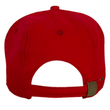 Back view of an Ellis Rugby Wales Rugby 1976 Triple Crown Cap by Ellis Rugby, featuring a red design with an adjustable strap and metal clasp.