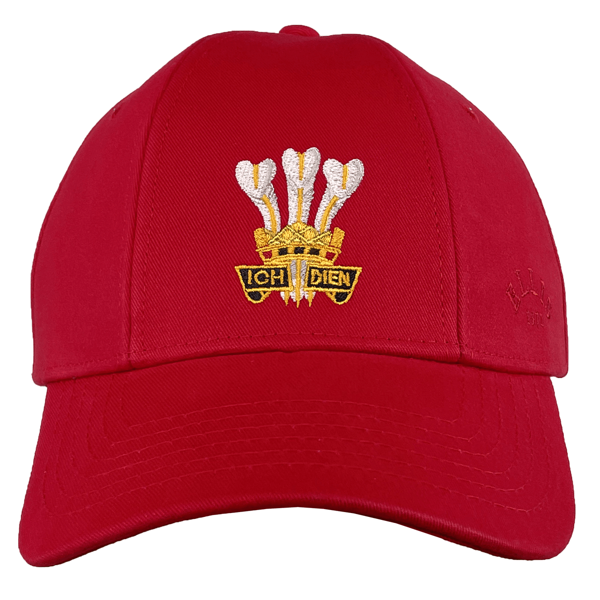 The Ellis Rugby Wales Rugby 1976 Triple Crown Cap showcases an embroidered design with three white feathers and "ICH DIEN" on the front, celebrating a Grand Slam triumph.