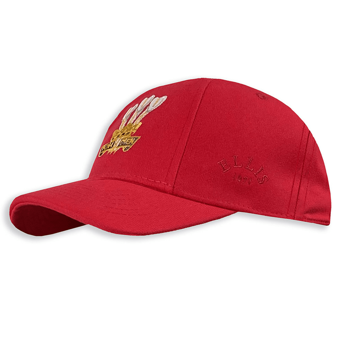 The Ellis Rugby Wales Rugby 1976 Triple Crown Cap features a red finish, an embroidered golden chicken with three white feathers, and the word "Ellis" on the side. This design captures the essence of a Wales Rugby Cap and evokes the spirit of a Grand Slam triumph.