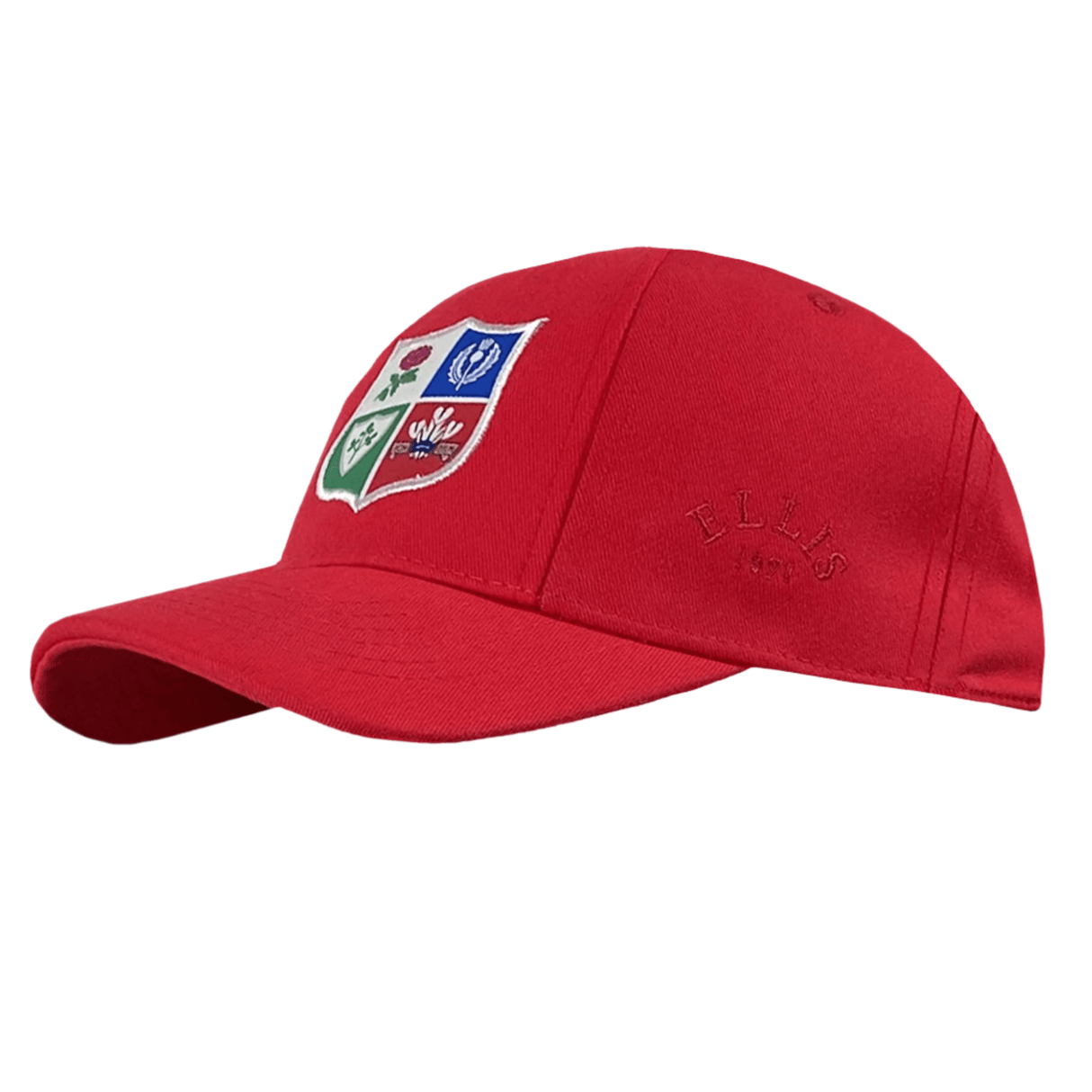 Ellis Rugby's British Rugby 1971 Lions Tour Cap is a red baseball cap with a four-section shield logo featuring leaves and rugby symbols on the front, reminiscent of Ellis Rugby style, and embossed text on the side.