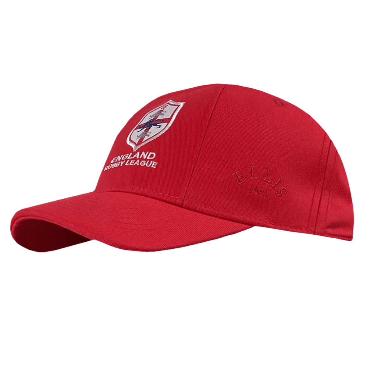 The Ellis Rugby England 1995 Rugby League Cap is a red baseball cap with an embroidered England Rugby League logo and embossed "Ellis" text on the side, celebrating the 1995 Rugby League World Cup and its storied history.