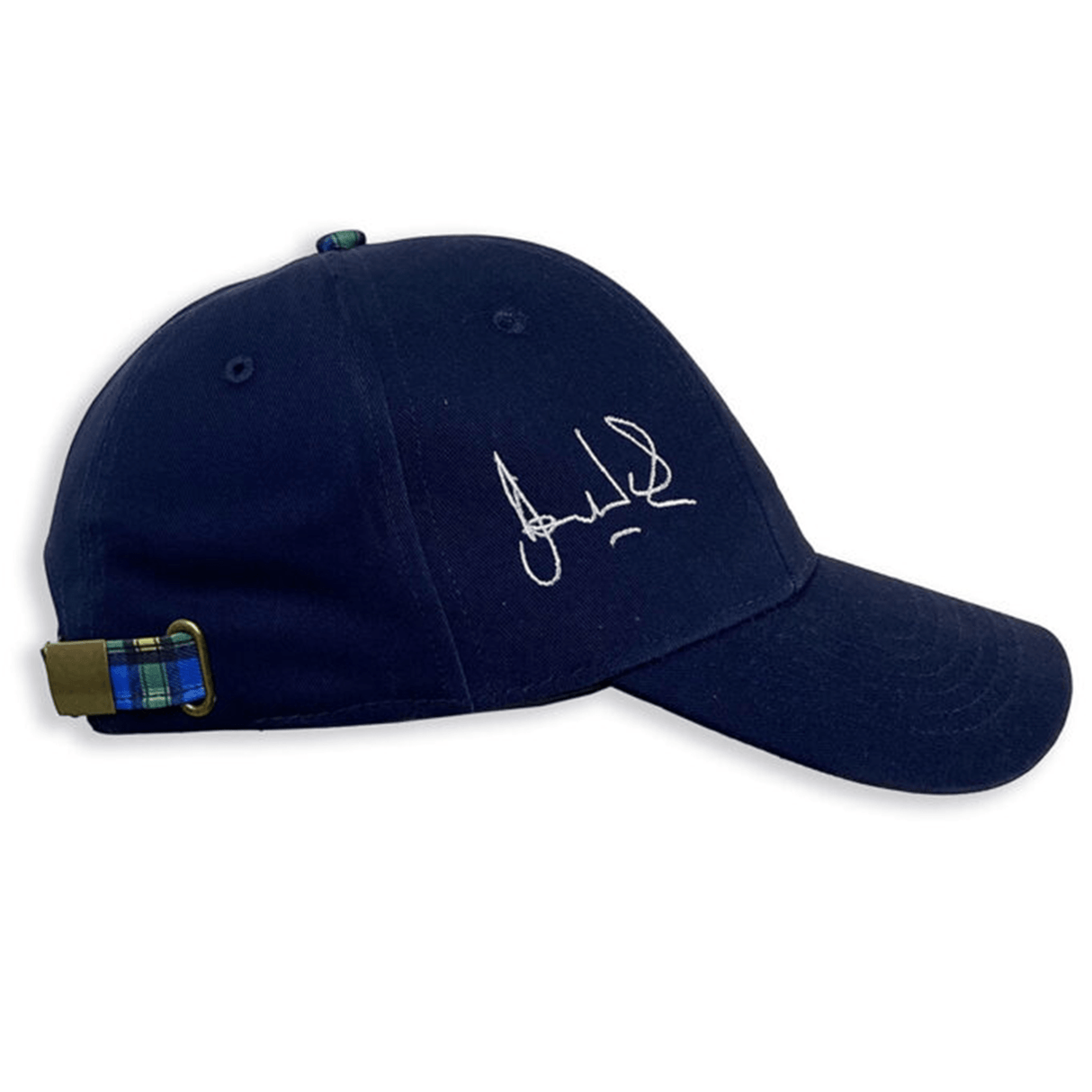 The Ellis Rugby Doddie Weir Scotland Cap by Ellis Rugby is a navy blue baseball cap made from 100% organic cotton, showcasing a white signature on the side. It has an adjustable strap with a green and blue plaid pattern at the back, inspired by classic rugby style.