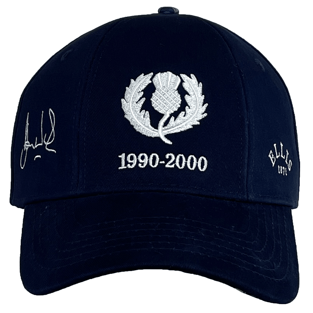 Ellis Rugby's navy blue baseball cap, made from 100% organic cotton, features an embroidered thistle emblem with dates 1990-2000. It includes a white signature on the left and "Ellis 1971" on the right, capturing the spirit of a Doddie Weir Scotland Cap.