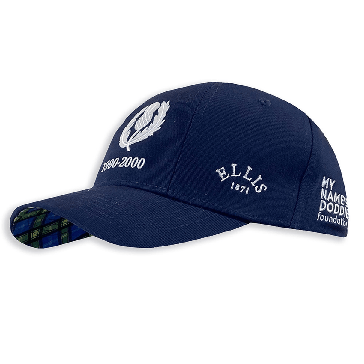 Ellis Rugby's Doddie Weir Scotland Cap is a blue baseball cap made from 100% organic cotton. It features "1890-2000" and "ELLIS 1871" in white embroidery and has a tartan-patterned underside, adding rugby heritage flair.