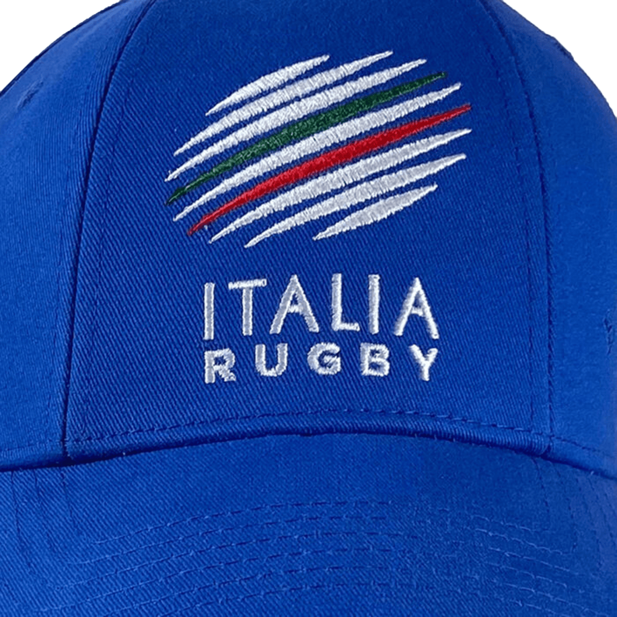 Introducing the Italy Rugby 1988 Cap by Ellis Rugby, a blue cap designed from organic cotton. It proudly features the "Italia Rugby" logo with a stylized globe and the colors of the Italian flag, celebrating Italian rugby heritage.