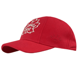 The Canada Rugby 1932 Cap by Ellis Rugby is a red baseball cap made from organic cotton, featuring a white embroidered maple leaf and the word "Canada" on the front.