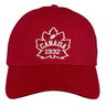 Ellis Rugby's Canada Rugby 1932 Cap is a red baseball cap with "CANADA 1932" and a white maple leaf design embroidered on the front, echoing the classic style of Ellis Rugby.