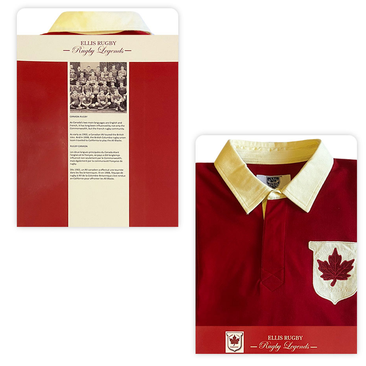 Ellis Rugby's Canada Rugby Polo: a red shirt with a white collar and vintage Canadian crest on the chest, accompanied by packaging featuring historic rugby legends, showcasing Ellis Rugby's timeless appeal.