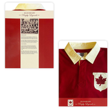 Ellis Rugby's Canada Rugby Polo: a red shirt with a white collar and vintage Canadian crest on the chest, accompanied by packaging featuring historic rugby legends, showcasing Ellis Rugby's timeless appeal.