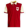 The Ellis Rugby Canada Rugby Polo by Ellis Rugby is a red and beige shirt featuring a collar, button placket, vintage Canadian maple leaf crest on the chest, and a decorative patch on the sleeve.