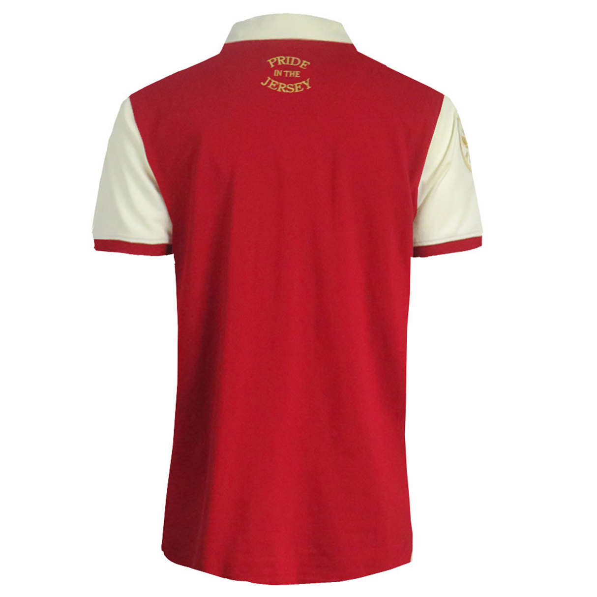 The Ellis Rugby Canada Rugby Polo features red and white short sleeves with a crisp collar. "PRIDE IN THE JERSEY" is displayed on the back in yellow, while the white sleeves and collar include a refined red trim reminiscent of vintage styles by Ellis Rugby.