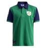 The Ellis Rugby Ireland Rugby 1948 Polo, in green and navy, features a collar with a shield and shamrock emblem on the chest plus a patch on the sleeve, showcasing timeless style.