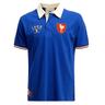 The Ellis Rugby France Rugby 1968 Polo is blue with a white collar, featuring a red emblem of a bird and "1968" on the left chest. The right chest displays "1968" text and a stylish crest, inspired by France Rugby.