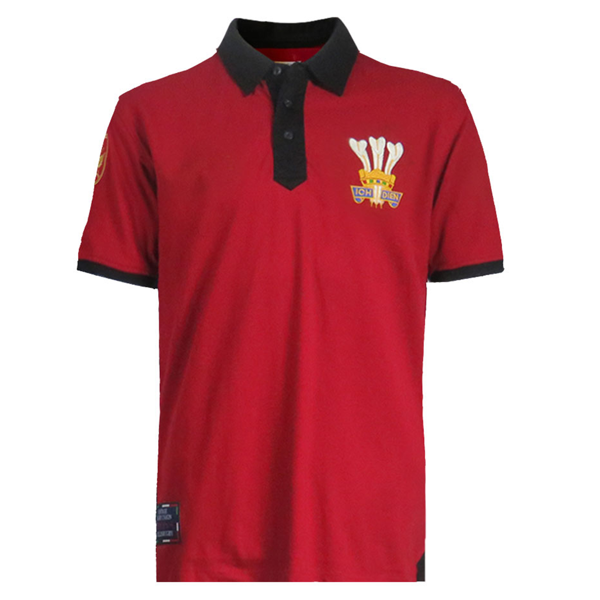 Introducing the Wales Rugby 1976 Grand Slam Polo by Ellis Rugby: a red polo with a unique black collar and cuffs, featuring a crest with crossed hockey sticks and text. Celebrate the spirit of Ellis Rugby while honoring the legacy of Wales Rugby 1976 with this stylish piece.