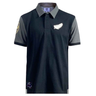 The Ellis Rugby All Blacks 1983 Polo is a black and gray shirt with a chest white leaf emblem and sleeve patch, showcasing classic Ellis Rugby style.