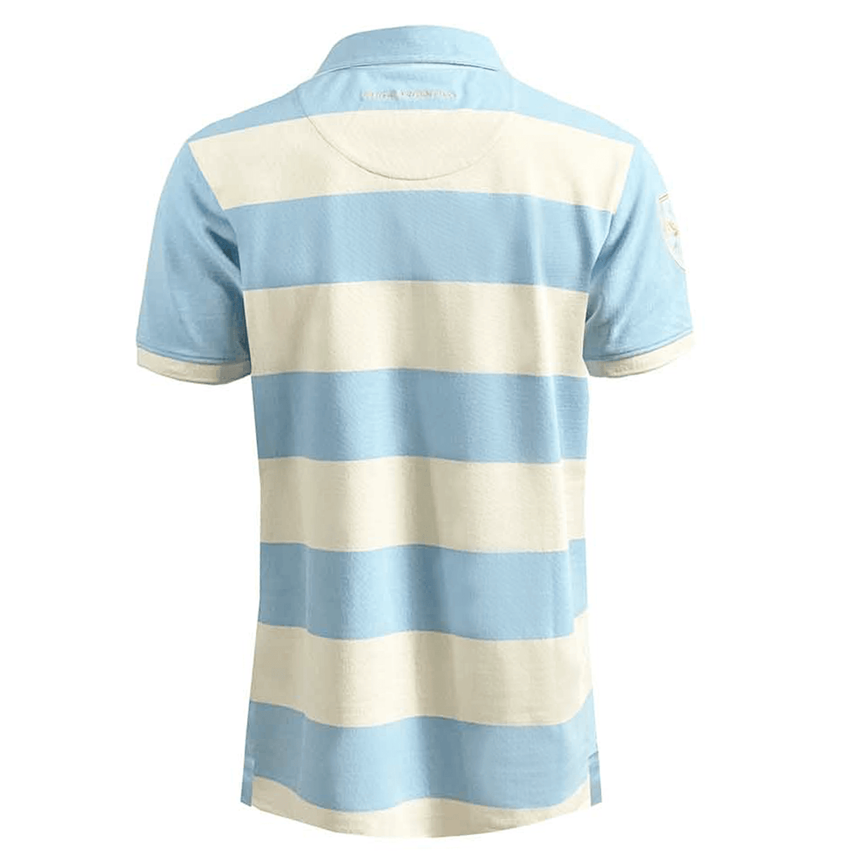 The Ellis Rugby Argentina Rugby Polo, made from 100% cotton, showcases light blue and white horizontal stripes and is displayed from the back, capturing the classic style.