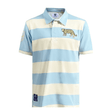 The Ellis Rugby Argentina Rugby Polo is a light blue and white striped jersey made from 100% cotton featuring a jaguar emblem on the chest and a small Ellis Rugby patch on the bottom left for authenticity.