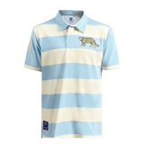 The Ellis Rugby Argentina Rugby Polo is a light blue and white striped jersey made from 100% cotton featuring a jaguar emblem on the chest and a small Ellis Rugby patch on the bottom left for authenticity.