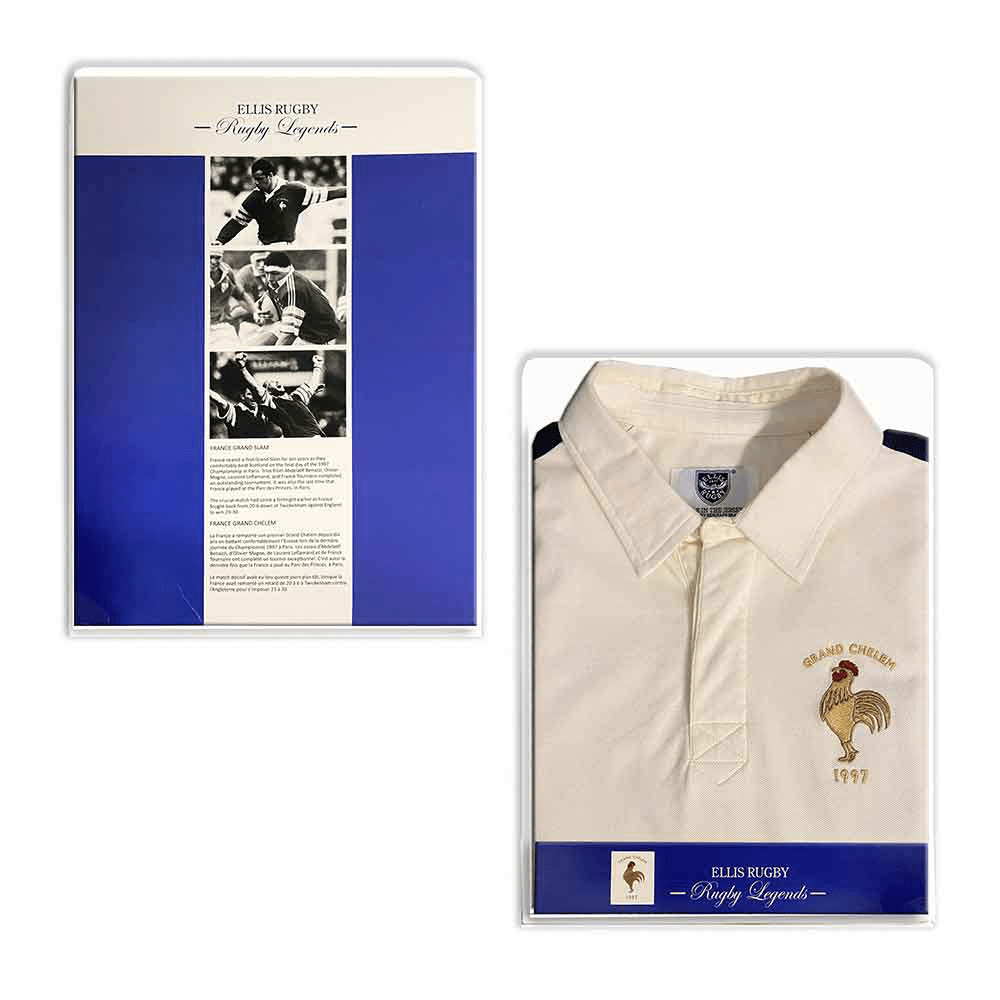 The packaging of an Ellis Rugby 21 Club Collection 1997 France Polo shirt featuring a white collar and the Grand Chelem 1997 logo. The back of the packaging contains images and text about rugby legends, including Abdelatif Benazzi.
