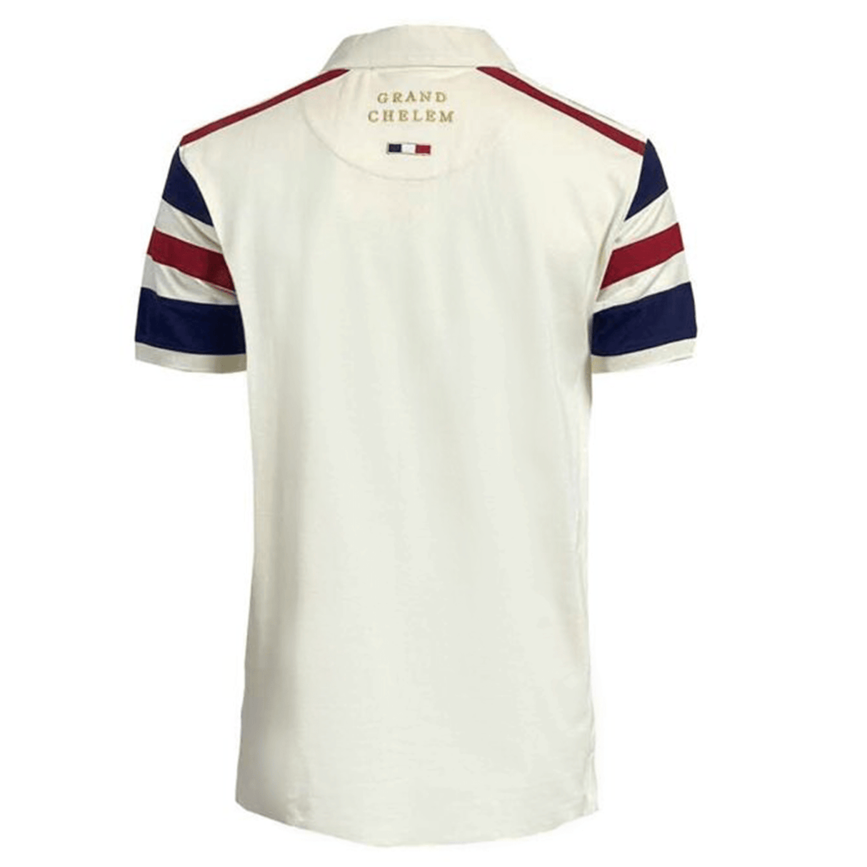 Presenting the Ellis Rugby 21 Club Collection 1997 France Polo, a white polo shirt featuring red, white, and blue striped sleeves. The "Grand Chelem" text and a small flag logo are elegantly positioned on the upper back. This classic piece commemorates the iconic era of France Rugby Polo from 1997.
