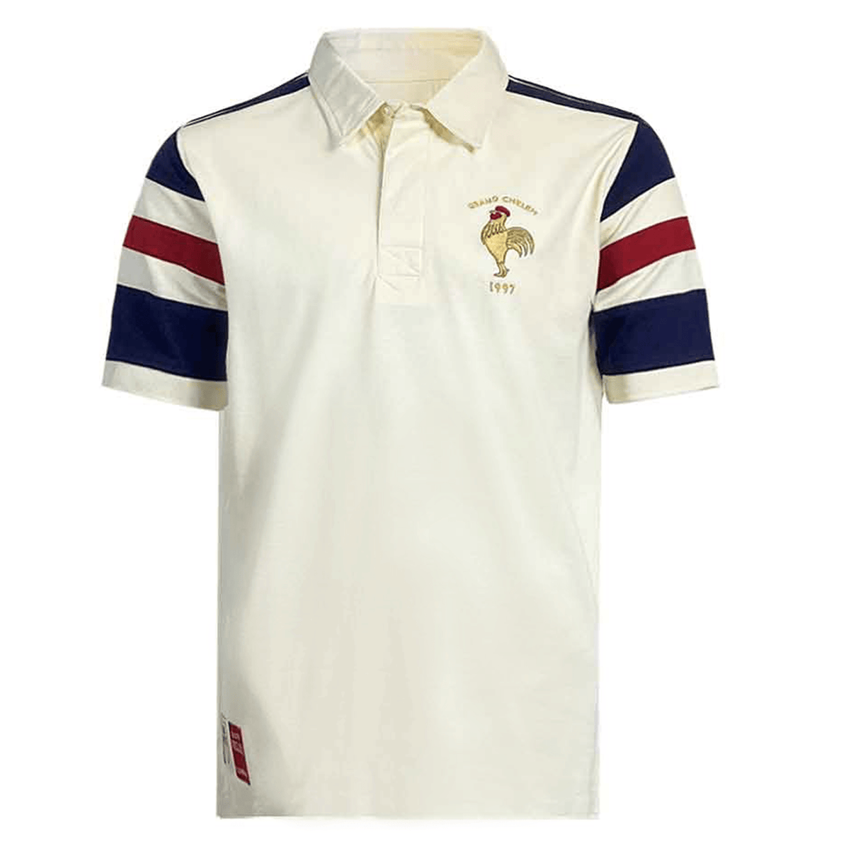 An Ellis Rugby polo shirt in cream color featuring red and blue striped sleeves, adorned with a rooster emblem on the left chest and labeled "GRAND CHELEM 1997," reminiscent of the iconic Ellis Rugby 21 Club Collection 1997 France Polo.
