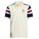 An Ellis Rugby polo shirt in cream color featuring red and blue striped sleeves, adorned with a rooster emblem on the left chest and labeled "GRAND CHELEM 1997," reminiscent of the iconic Ellis Rugby 21 Club Collection 1997 France Polo.