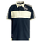 The Ellis Rugby Natal Sharks Vintage Polo, in black and beige with stripes, features a collar, "Natal Rugby" text and logo on the front, plus an emblem on the sleeve. Ideal for Currie Cup fans.