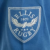The Northern Transvaal Bulls Vintage Polo by Ellis Rugby features blue fabric with the iconic white "Ellis Rugby 1871" shield logo adorned with wings and stars, capturing a timeless sporting spirit.