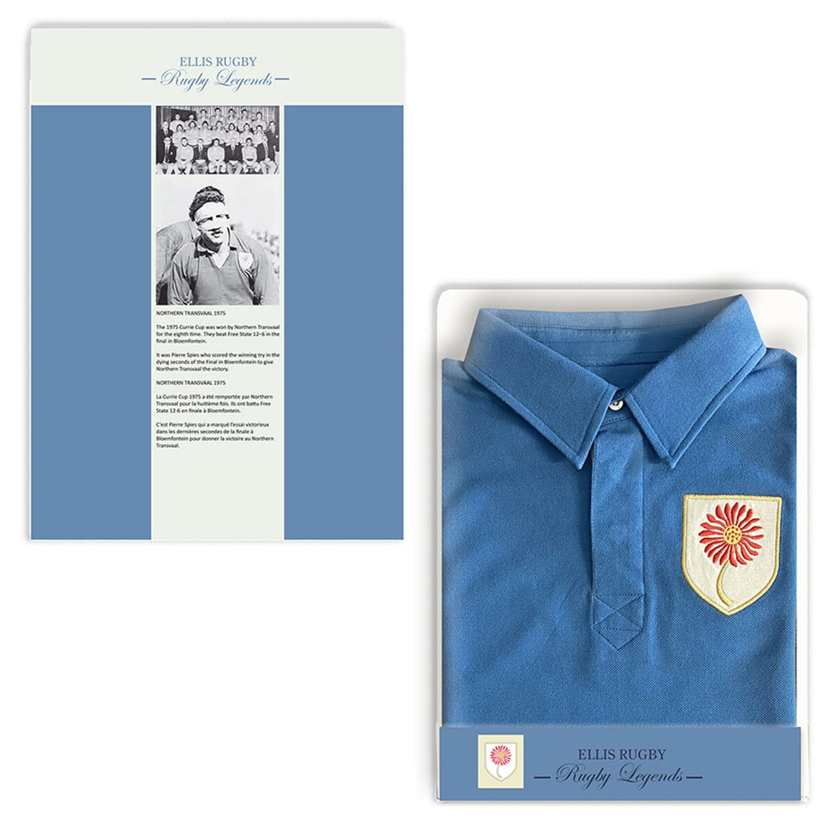 The Northern Transvaal Bulls Vintage Polo by Ellis Rugby, featuring a floral emblem, comes in a box with a pamphlet of historical rugby images and text, embodying the brand's vintage design aesthetic.