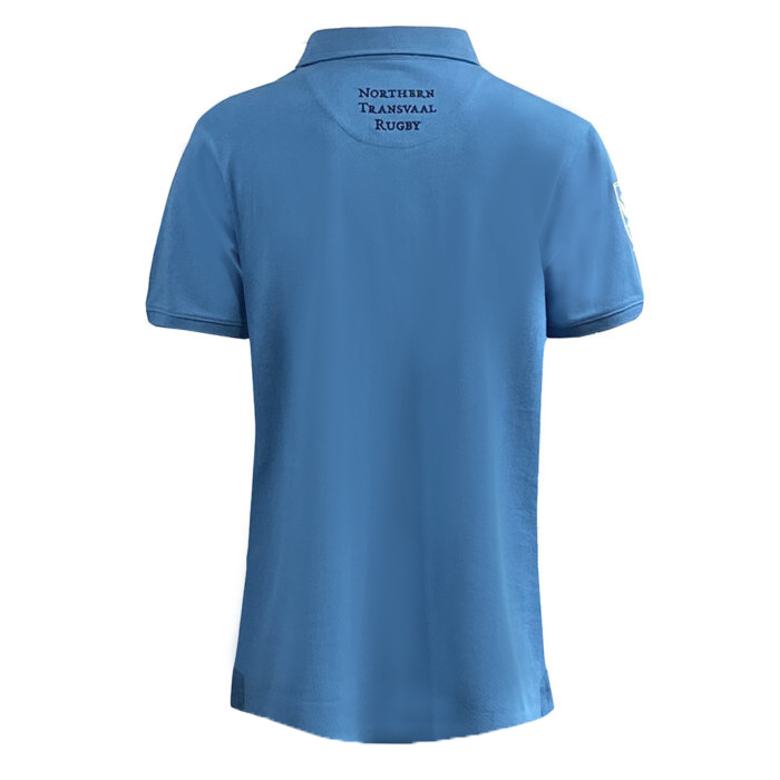 Back view of the blue Northern Transvaal Bulls Vintage Polo by Ellis Rugby with "Northern Transvaal Rugby" text on the upper back, celebrating their storied legacy in the Currie Cup.