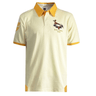 The Ellis Rugby Springboks 1995 Vintage Polo, by Ellis Rugby, is a beige shirt with yellow details, a car graphic, "RWC FINAL 1995" text commemorating the Springboks' Rugby World Cup win and a patch on the sleeve.