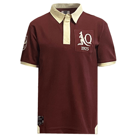 The Ellis Rugby Queensland 1925 Vintage Rugby League Polo by Ellis Rugby is a maroon short-sleeve rugby shirt featuring a white collar, white kangaroo emblem, and "Q 1925" on the chest, honoring 1925 rugby history with a nod to Queensland Rugby League and includes a sleeve crest.