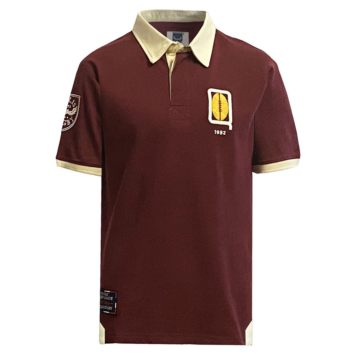 The Queensland 1982 Vintage Rugby League Polo by Ellis Rugby is a maroon shirt with beige collar and sleeve accents, featuring a football logo, "1982" on the front, and a crest patch on the sleeve.