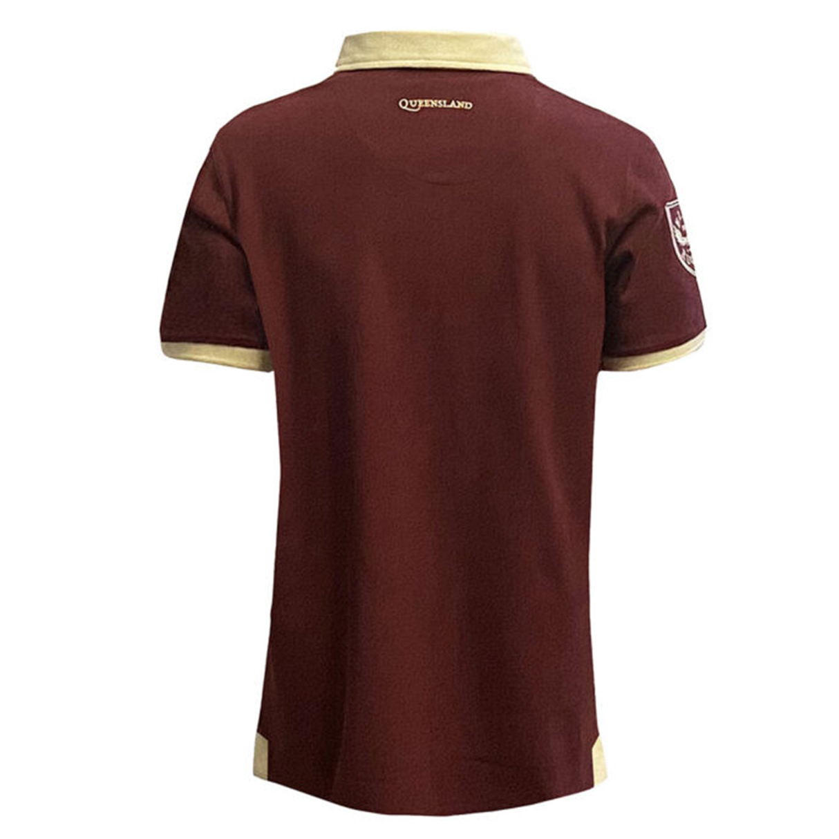 Rear view of the Ellis Rugby Queensland 1982 Vintage Polo: maroon with beige trim on sleeves and collar, echoing 1982 Rugby. "QUEENSLAND" near the collar and a Maroons Rugby League pride patch adorns the sleeve.