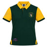 Show your support for the Springboks with the South Africa Rugby Polo 1924 by Ellis Rugby—a green and yellow short-sleeve polo featuring a classic collar, an embroidered crest on the left chest, a patch on the left sleeve, and a label at the bottom right front. Perfect for any passionate rugby fan.