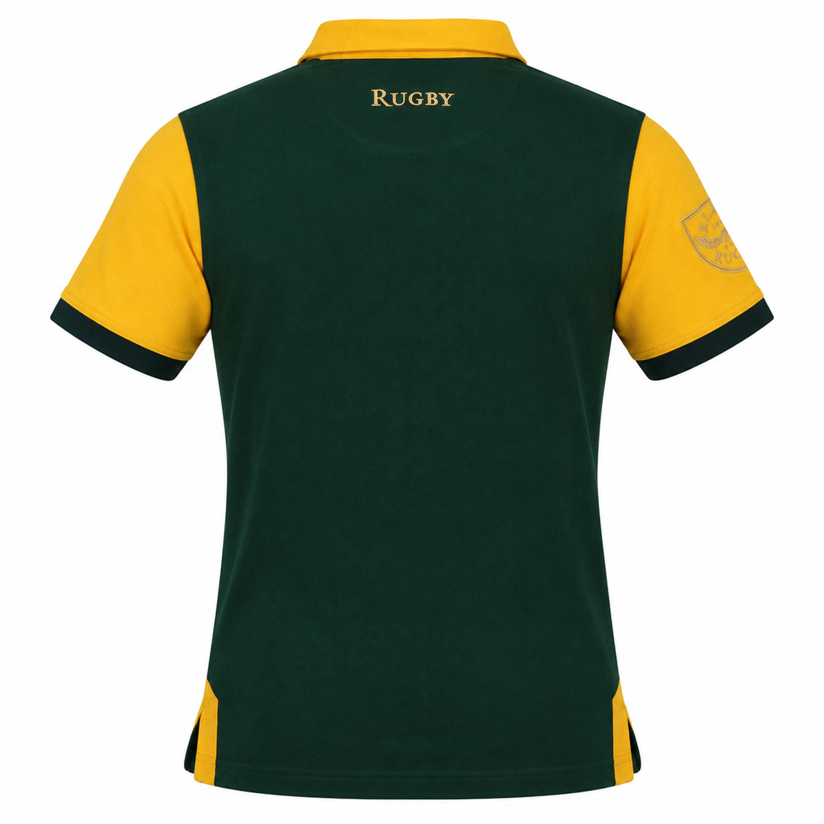 South Africa Rugby Polo 1924 by Ellis Rugby: A green rugby shirt with yellow sleeves, a collar, and “Rugby” written in yellow on the upper back. The left sleeve displays a crest, reflecting the classic South Africa Rugby Polo style inspired by iconic Springbok rugby heritage. Brand: Ellis Rugby.