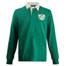 The Ellis Rugby Ireland 1948 Grand Slam Classic Rugby Shirt showcases a vintage green long-sleeve design, complete with a white collar and shamrock emblem, reminiscent of the iconic 1948 Grand Slam era.