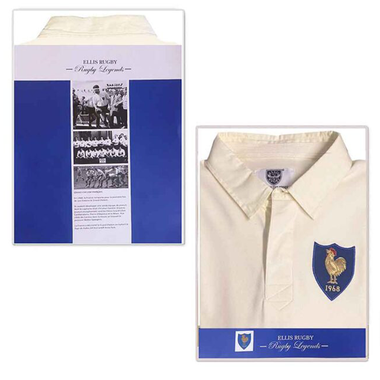 The France 1968 Grand Slam Classic Rugby Shirt by Ellis Rugby, featuring a rooster emblem, celebrates France's triumph and comes in a box with vintage rugby photos and "Ellis Rugby" text.