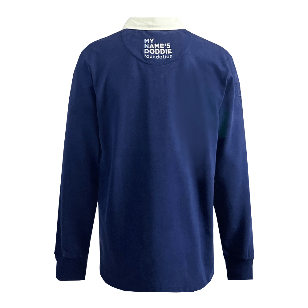 The Ellis Rugby Doddie Weir Classic Jersey, in navy blue, has a crisp white collar and subtle tartan trim. The "MY NAME'5 DODDIE foundation" text on the upper back makes it a fitting tribute to the iconic jersey.