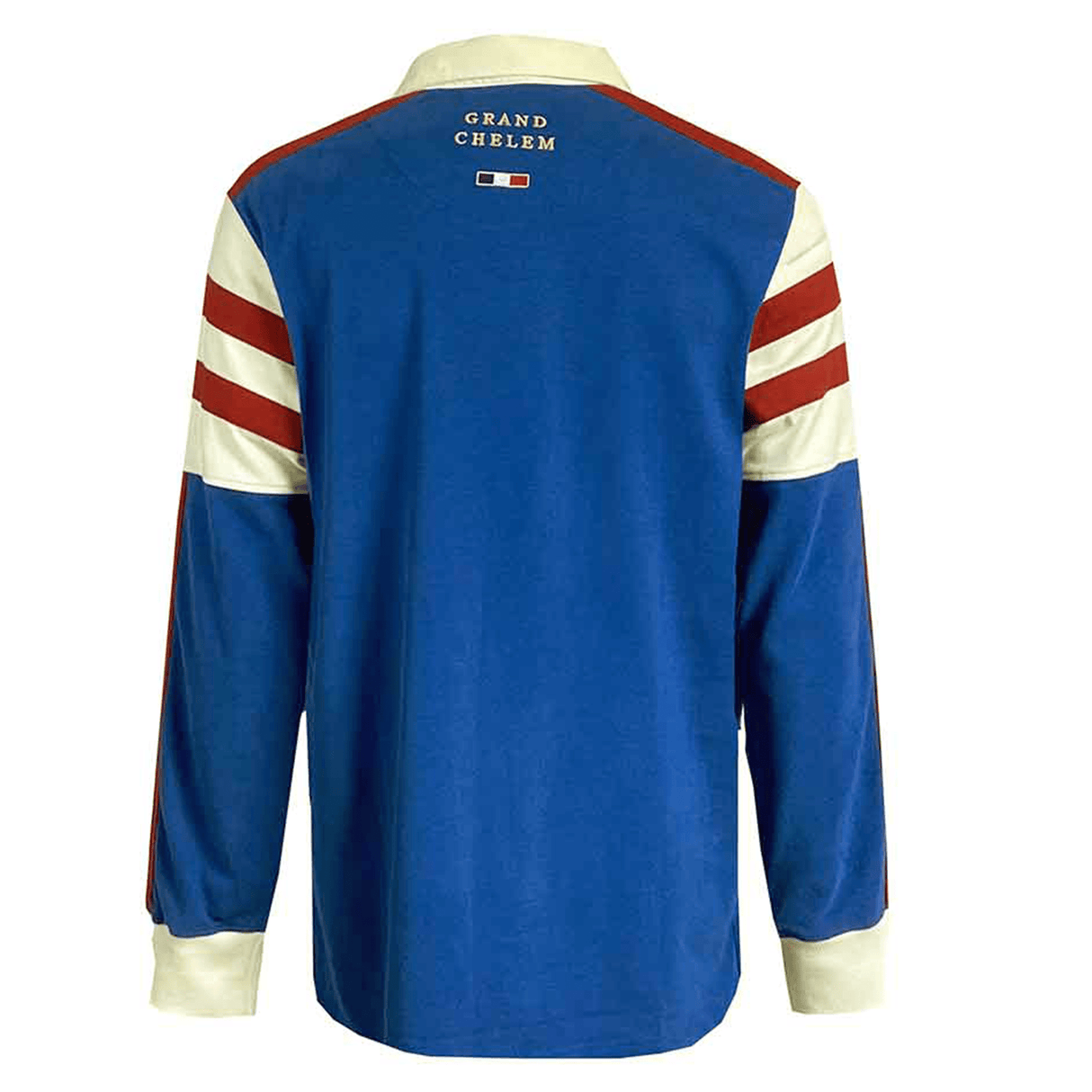 Back view of an Ellis Rugby France Rugby 21 Club Collection 1997 Rugger, a blue jersey with white and red striped sleeves. The collar is white. "Grand Chelem" and a small flag are printed near the top, reflecting the timeless style of this vintage Ellis Rugby shirt.