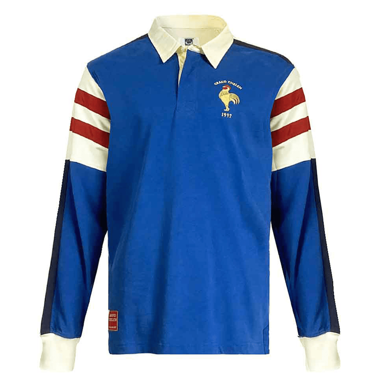 The Ellis Rugby France Rugby 21 Club Collection 1997 Rugger by Ellis Rugby is a long-sleeved blue polo shirt featuring red and white stripes on the sleeves, a white collar, and a small logo depicting a rooster with the text "CHAMPS 1977" on the left chest.