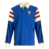 The Ellis Rugby France Rugby 21 Club Collection 1997 Rugger by Ellis Rugby is a long-sleeved blue polo shirt featuring red and white stripes on the sleeves, a white collar, and a small logo depicting a rooster with the text "CHAMPS 1977" on the left chest.