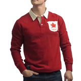 A man wearing a red Canada rugger shirt from Ellis Rugby's 21 Club Collection 1902.