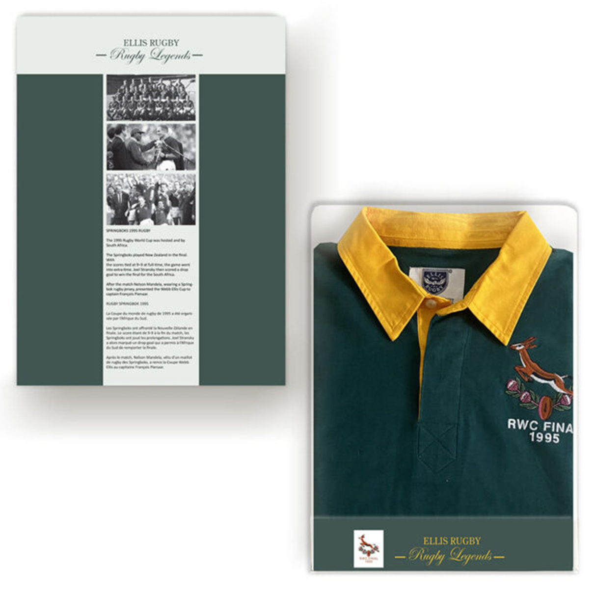 The Ellis Rugby Springbok 1995 Vintage Long Sleeve Rugby Shirt's packaging celebrates South Africa's rugby heritage with a yellow-collared green jersey embroidered with "RWC Final 1995," featuring iconic historical rugby images and text as a tribute to the legendary 1995 Springboks.
