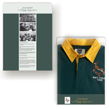 The Ellis Rugby Springbok 1995 Vintage Long Sleeve Rugby Shirt's packaging celebrates South Africa's rugby heritage with a yellow-collared green jersey embroidered with "RWC Final 1995," featuring iconic historical rugby images and text as a tribute to the legendary 1995 Springboks.