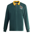 The Ellis Rugby Springbok 1995 Vintage Long Sleeve Rugby Shirt, by Ellis Rugby, features a green body with a yellow collar and an embroidered jumping animal logo with "RWC FINAL 1995," celebrating South Africa's rugby heritage—a must-have for fans.